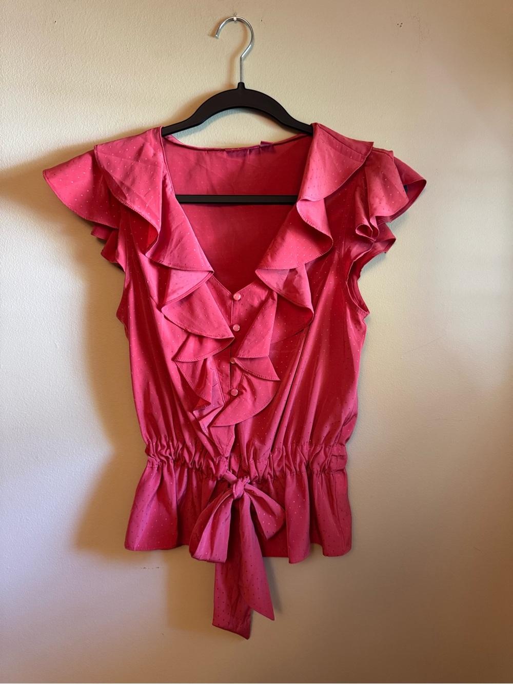Elle Pink Ruffle V-Neck Tie-Waist Blouse